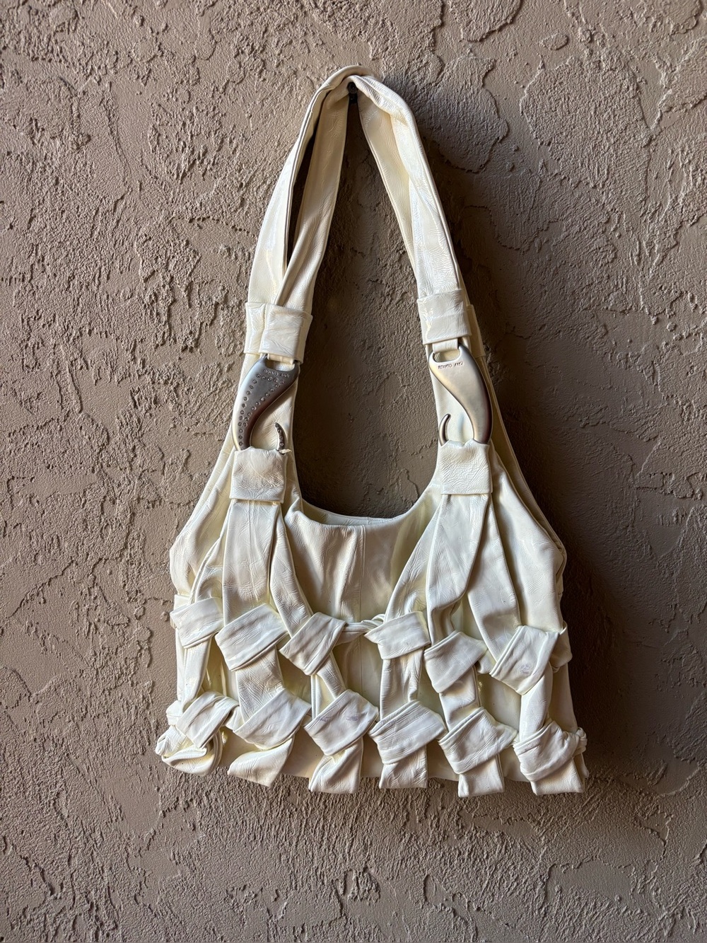 Angi designer Cream Woven Detail Shoulder Bag made in Italy
